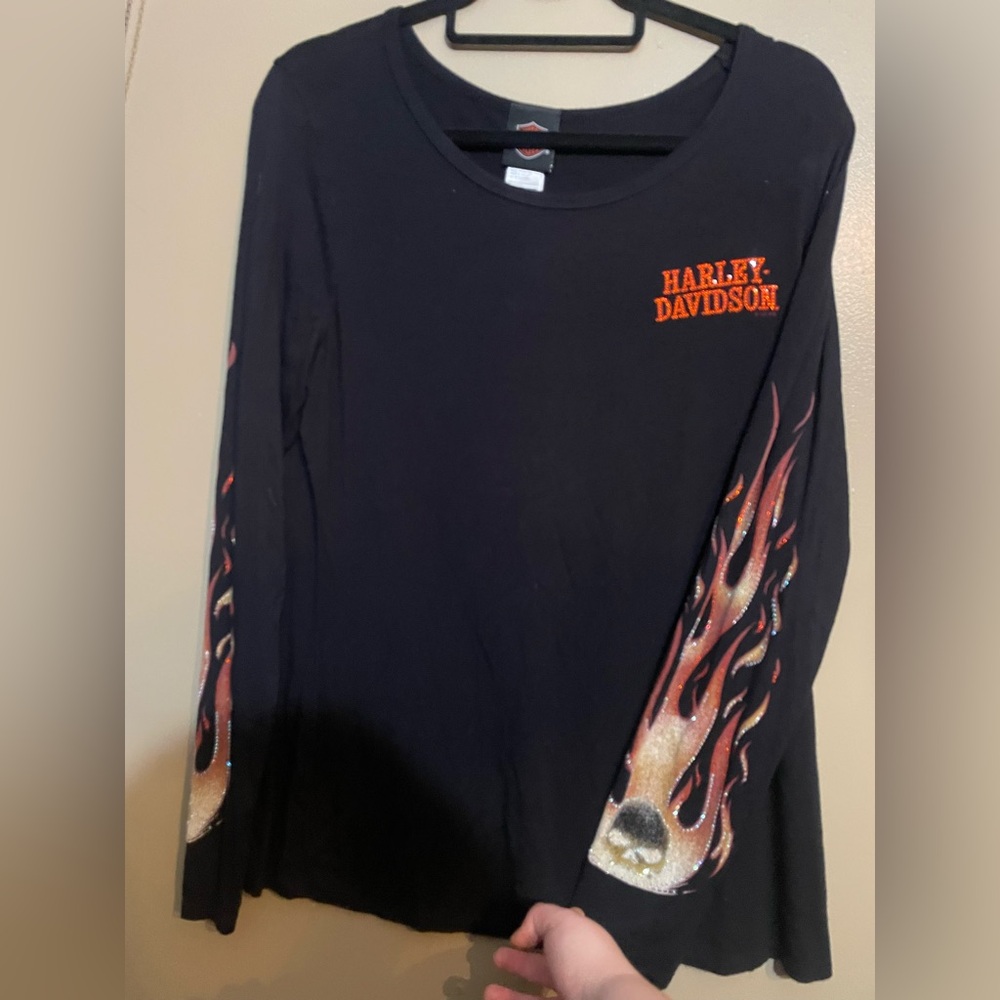Women’s Harley-Davidson Black Long-Sleeve Rhinestone Orange Flame Sleeves